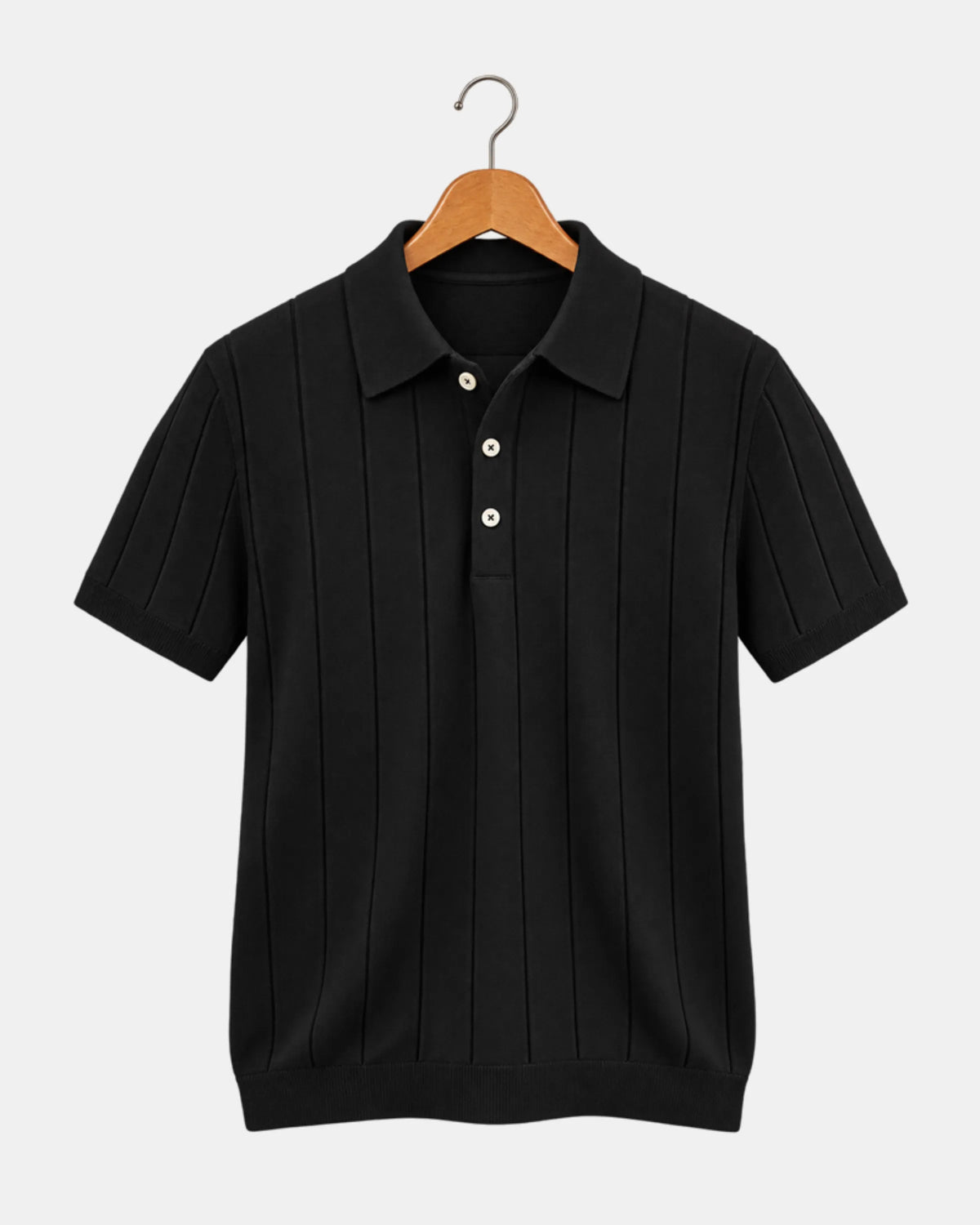 Men's Ribbed Cotton Polo Shirt with Spread Collar in black