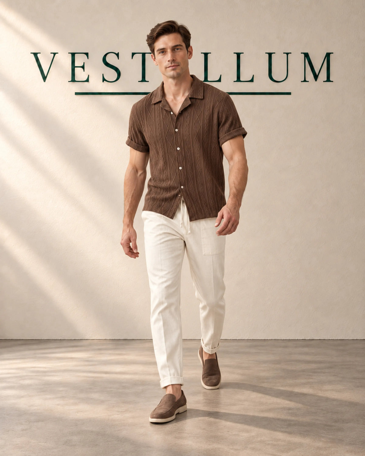 Men's Textured Cuban Collar Shirt & Drawstring Trouser Set, product photo 3