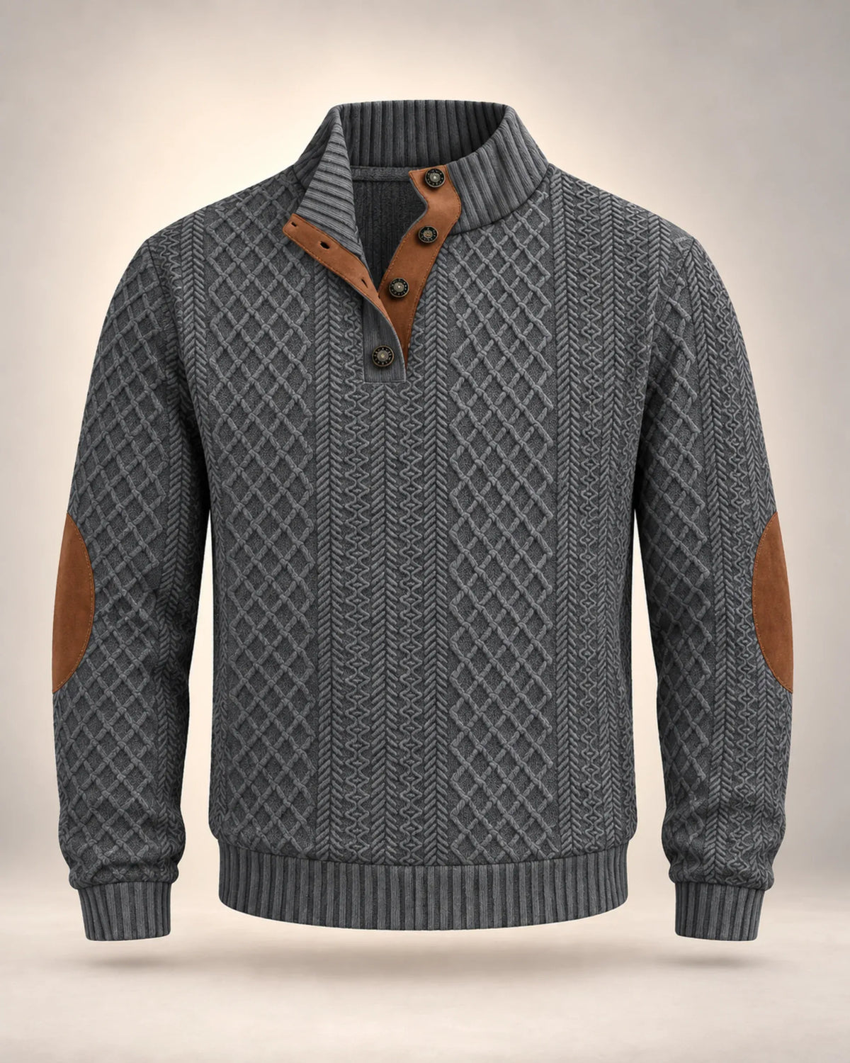 Men's Jacquard Knit Button-Neck Jumper with Contrast Elbow Patches in grey