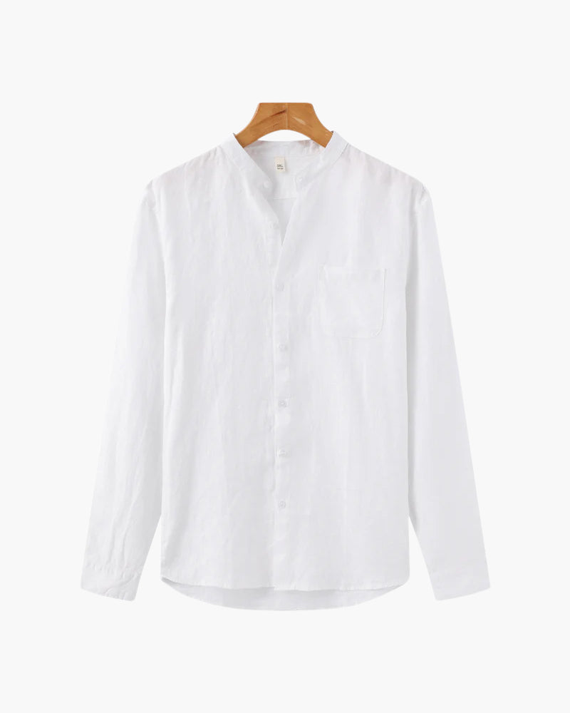 Men's Relaxed Long-Sleeve Linen Shirt with Chest Pocket in white