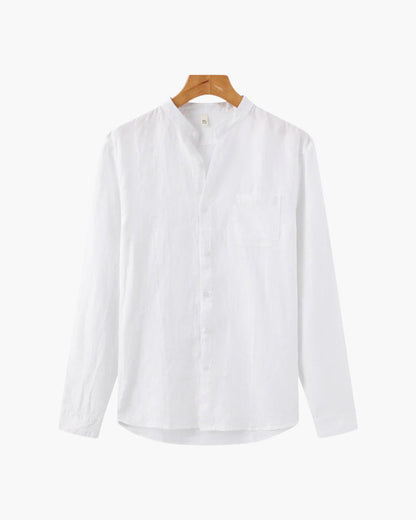 Men's Relaxed Long-Sleeve Linen Shirt with Chest Pocket in white