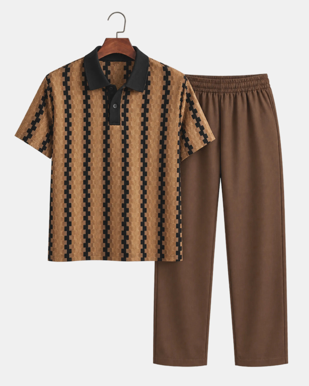 Men's Textured Knit Polo & Drawstring Trouser Set in coffee brown