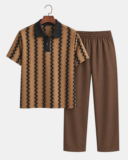 Men's Textured Knit Polo & Drawstring Trouser Set in coffee brown