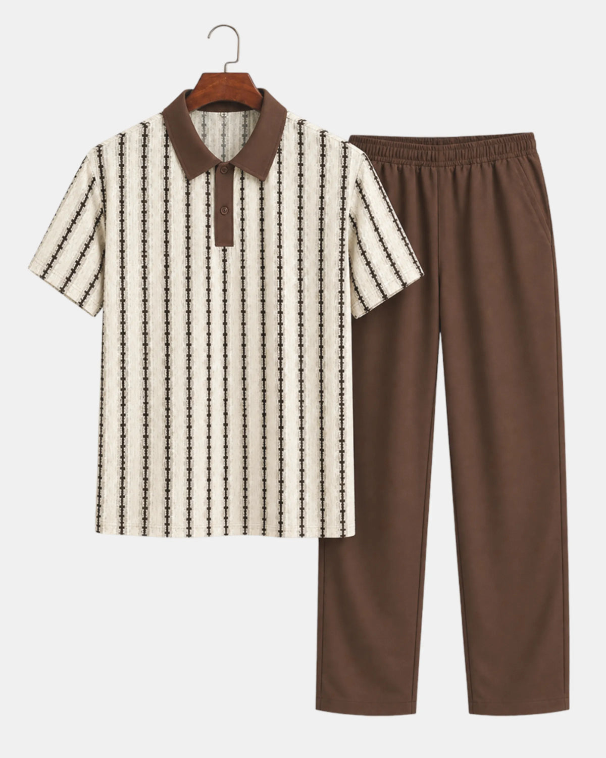 Men's Textured Knit Polo & Drawstring Trouser Set in cream & brown