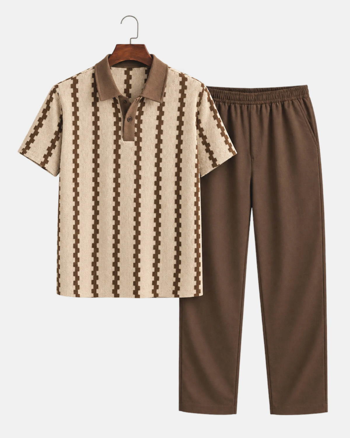 Men's Textured Knit Polo & Drawstring Trouser Set in tan & brown