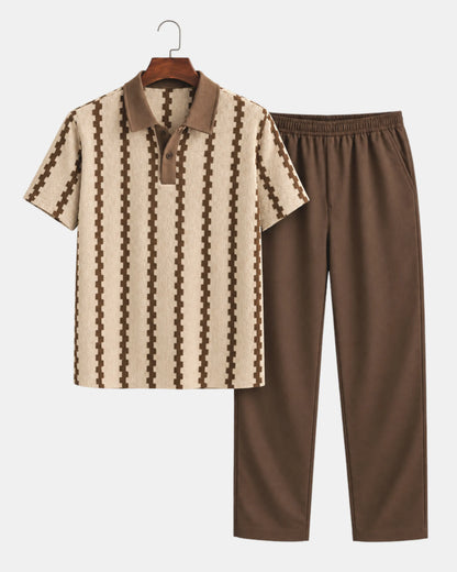 Men's Textured Knit Polo & Drawstring Trouser Set in tan & brown
