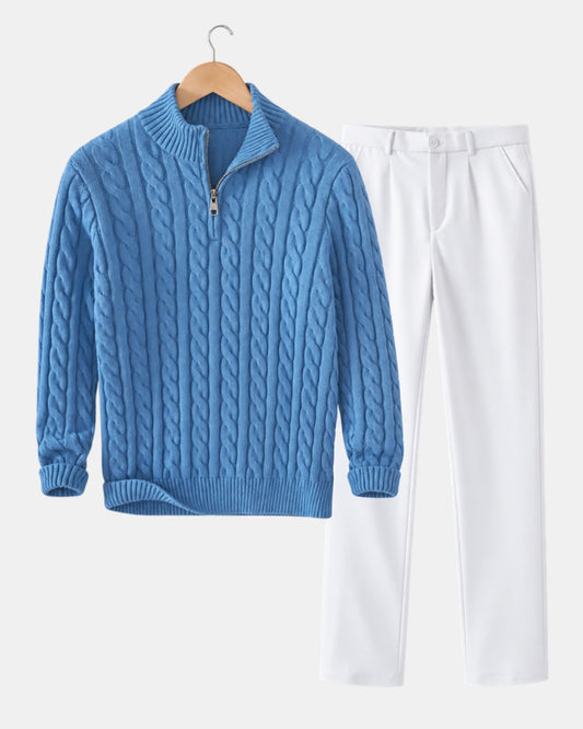 Men's Cable-Knit Half-Zip Jumper & Tailored Trouser Set in sky blue and white, view 3
