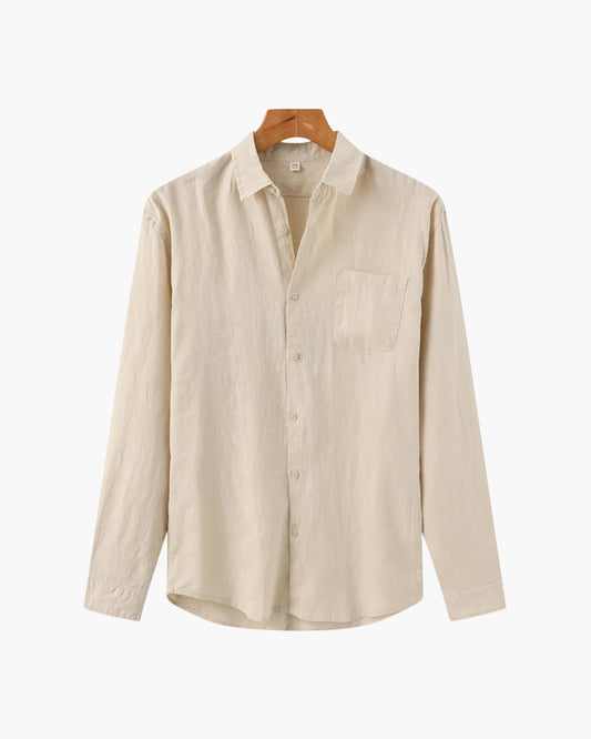 Men's Relaxed Long-Sleeve Linen Shirt with Chest Pocket in beige