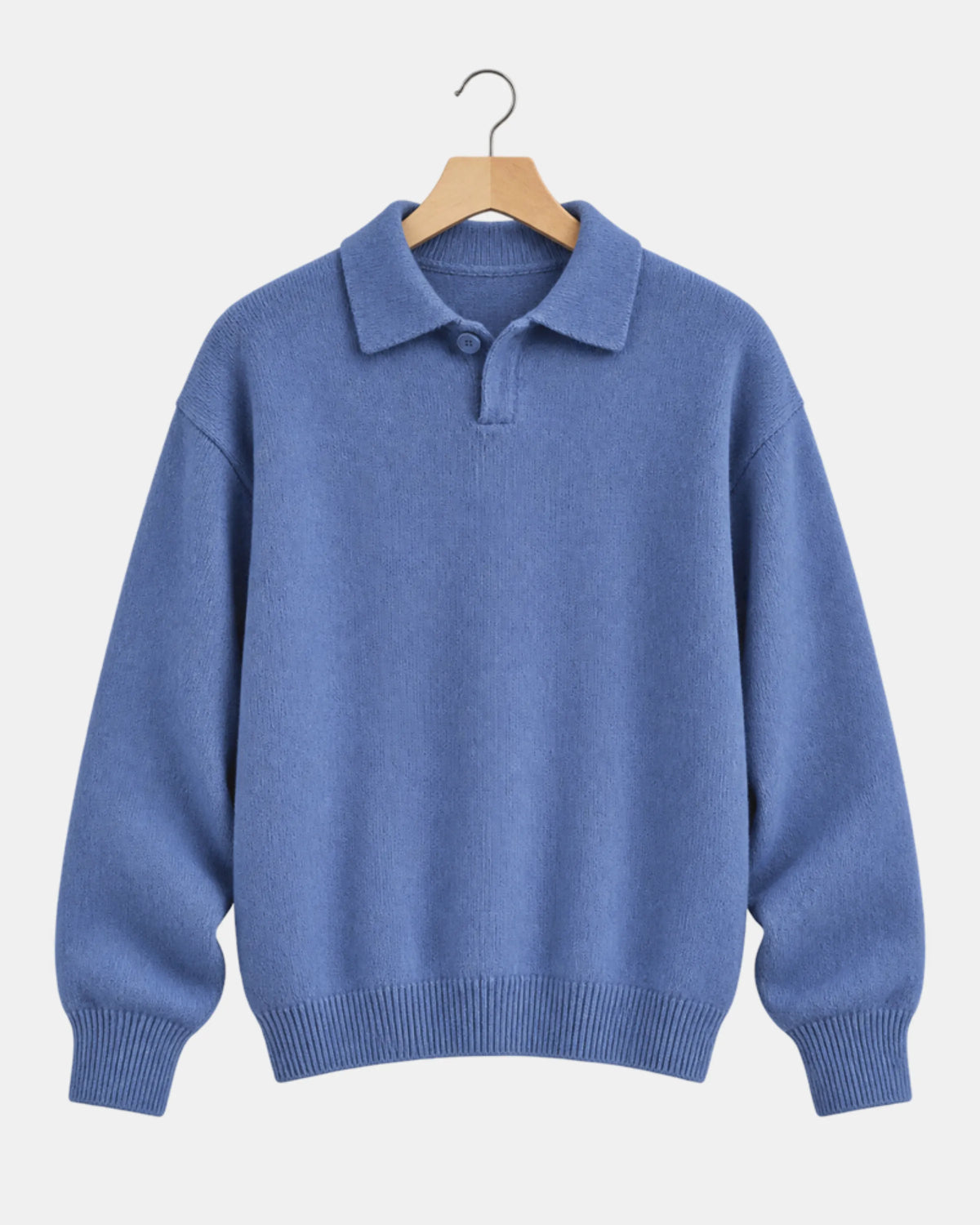 Men's Wool Polo-Collar Jumper with Button Placket in blue