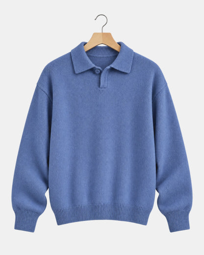 Men's Wool Polo-Collar Jumper with Button Placket in blue