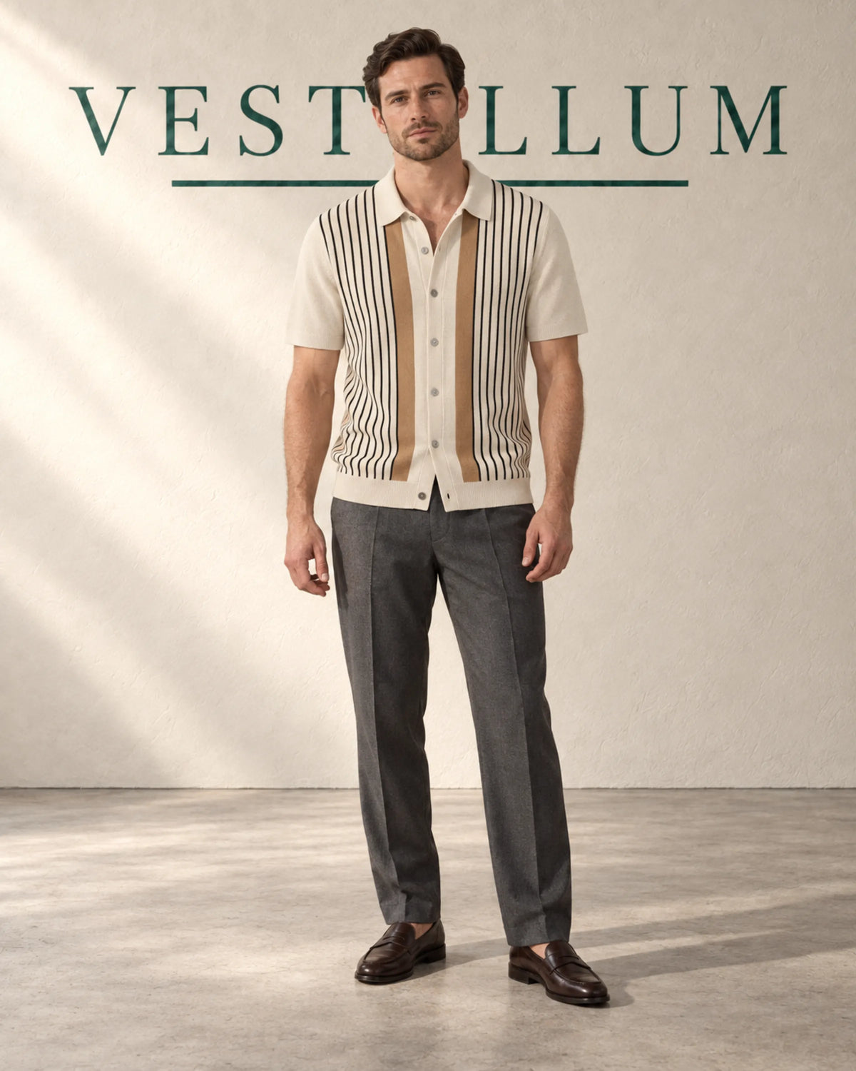 Men's Striped Knit Polo Shirt in warm neutral stripes, view 2