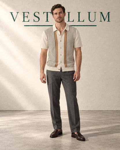 Men's Striped Knit Polo Shirt in warm neutral stripes, view 2