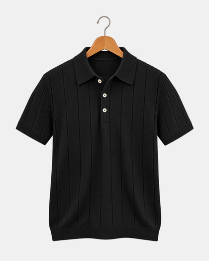Men's Ribbed Cotton Polo Shirt with Spread Collar in black