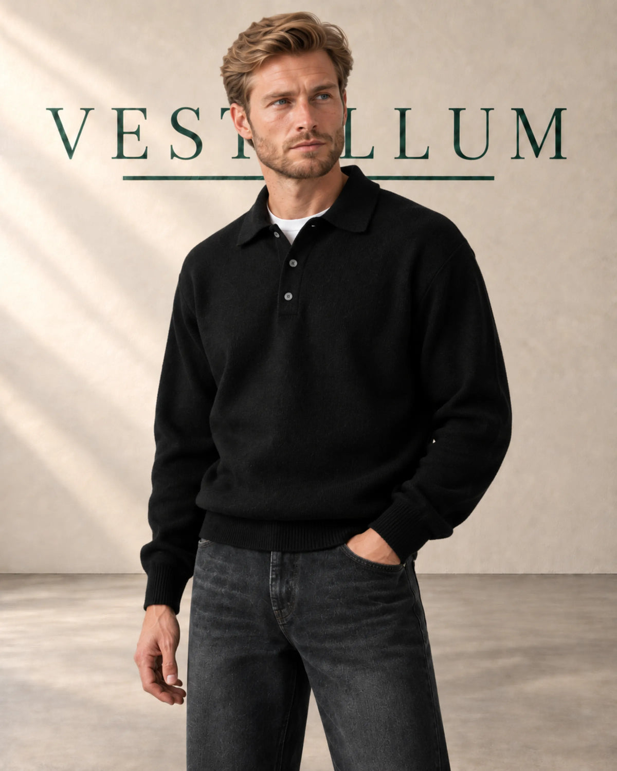 Men's Drop-Shoulder Knitted Polo Jumper, product photo 1