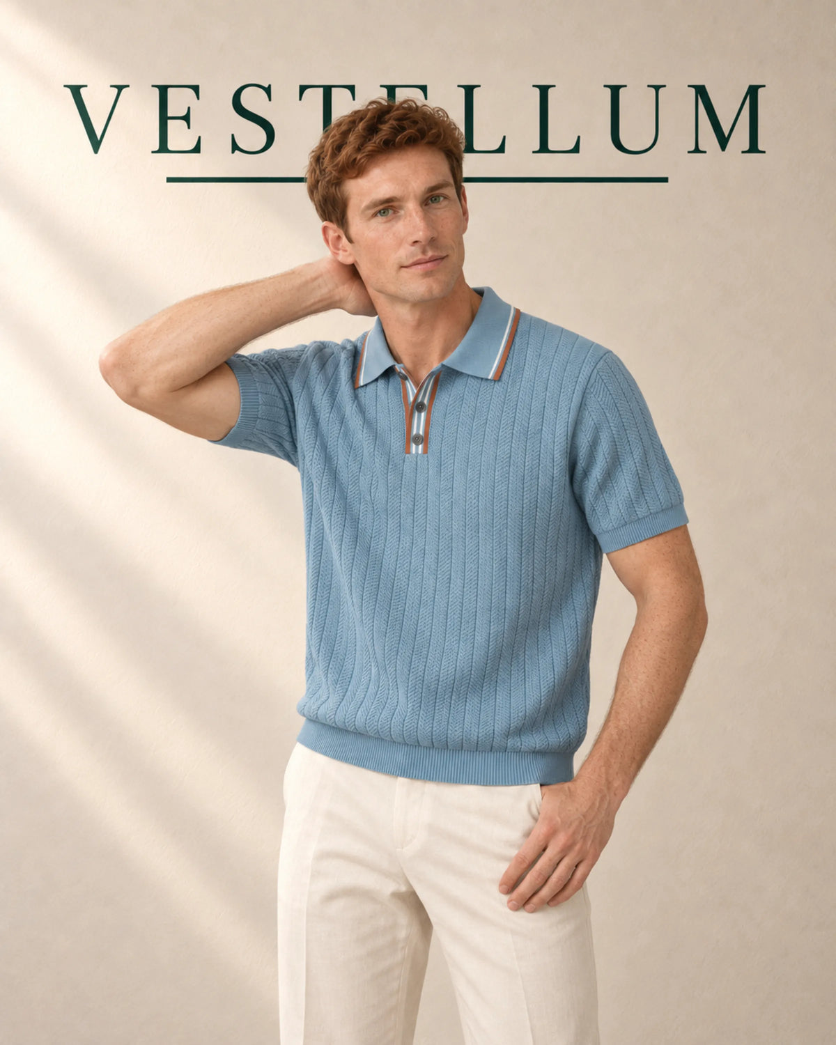 Men's Herringbone Knit Polo Shirt with Contrast Piping, product photo 2