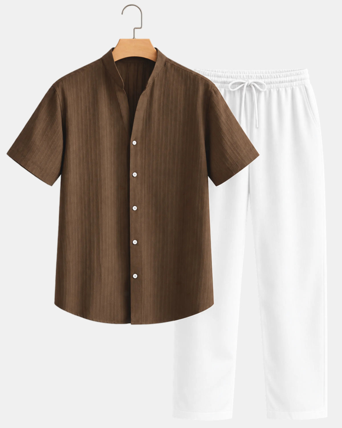 Men's Band Collar Short-Sleeve Shirt & Drawstring Trouser Set in olive & white