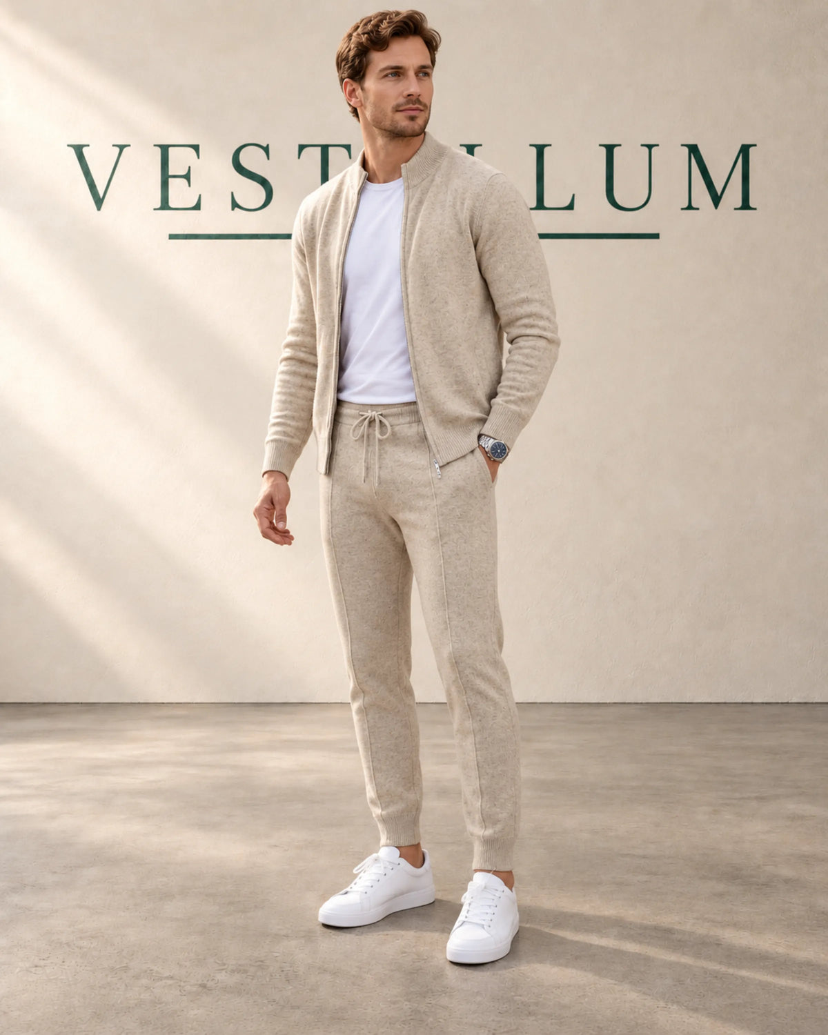 Men's Knitted Zip Cardigan & Jogger Lounge Set in sand, view 2