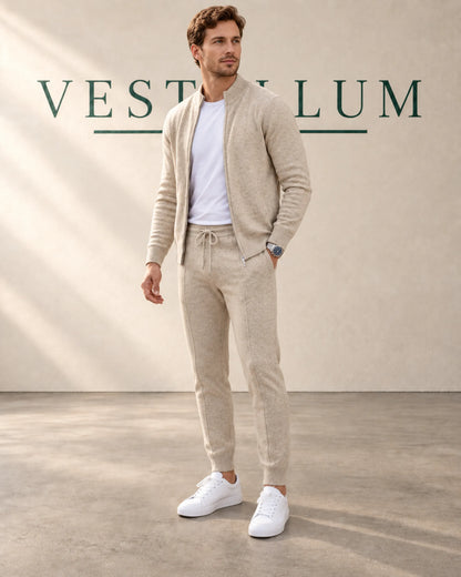 Men's Knitted Zip Cardigan & Jogger Lounge Set in sand, view 2
