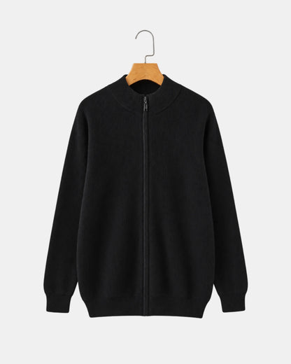 Men's Zip-Up Cashmere Jumper with Stand Collar in black