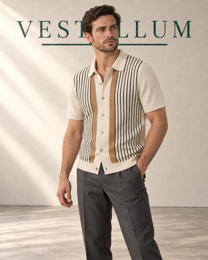 Men's Striped Knit Polo Shirt in warm neutral stripes