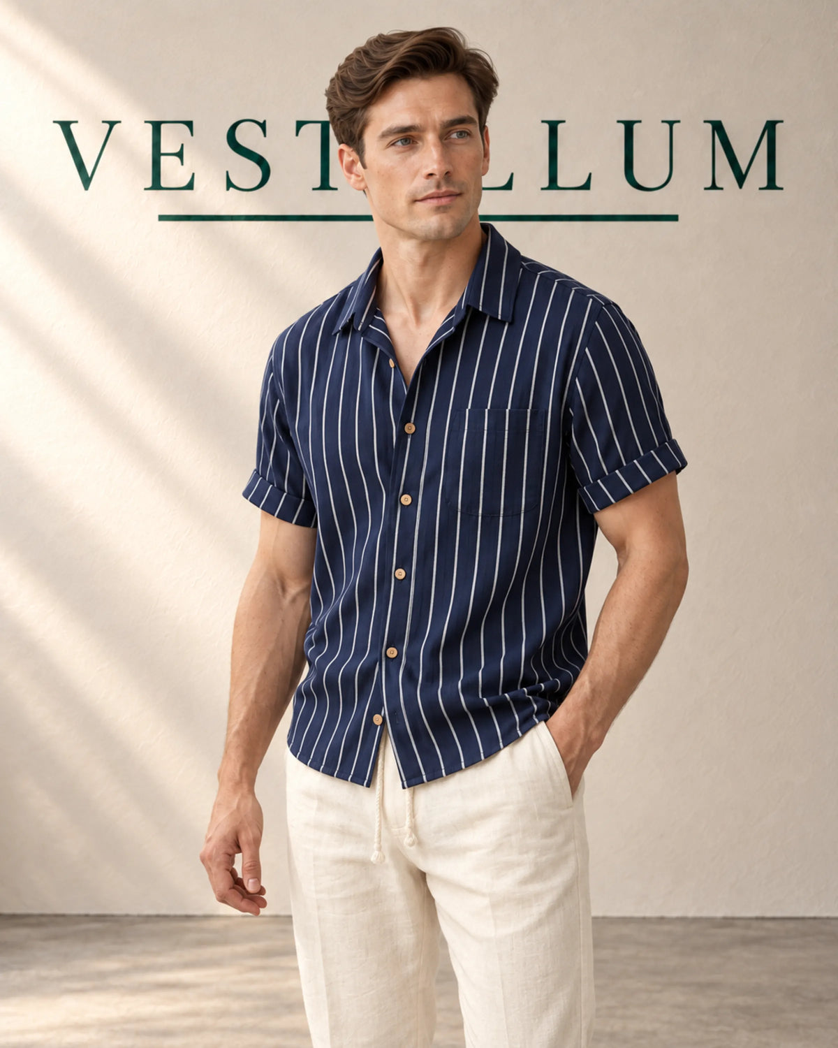 Men's Pinstripe Short-Sleeve Shirt & Drawstring Trouser Set, product photo 1