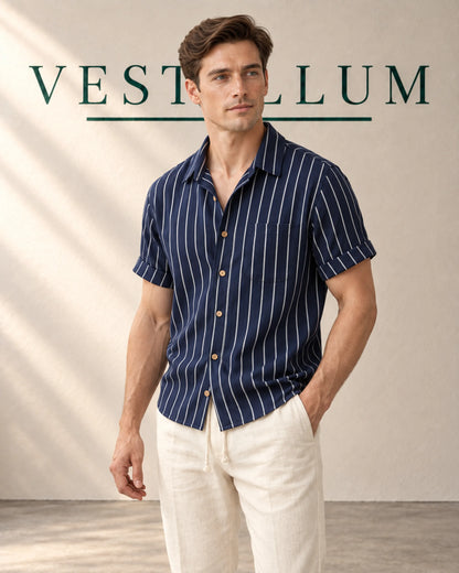 Men's Pinstripe Short-Sleeve Shirt & Drawstring Trouser Set, product photo 1
