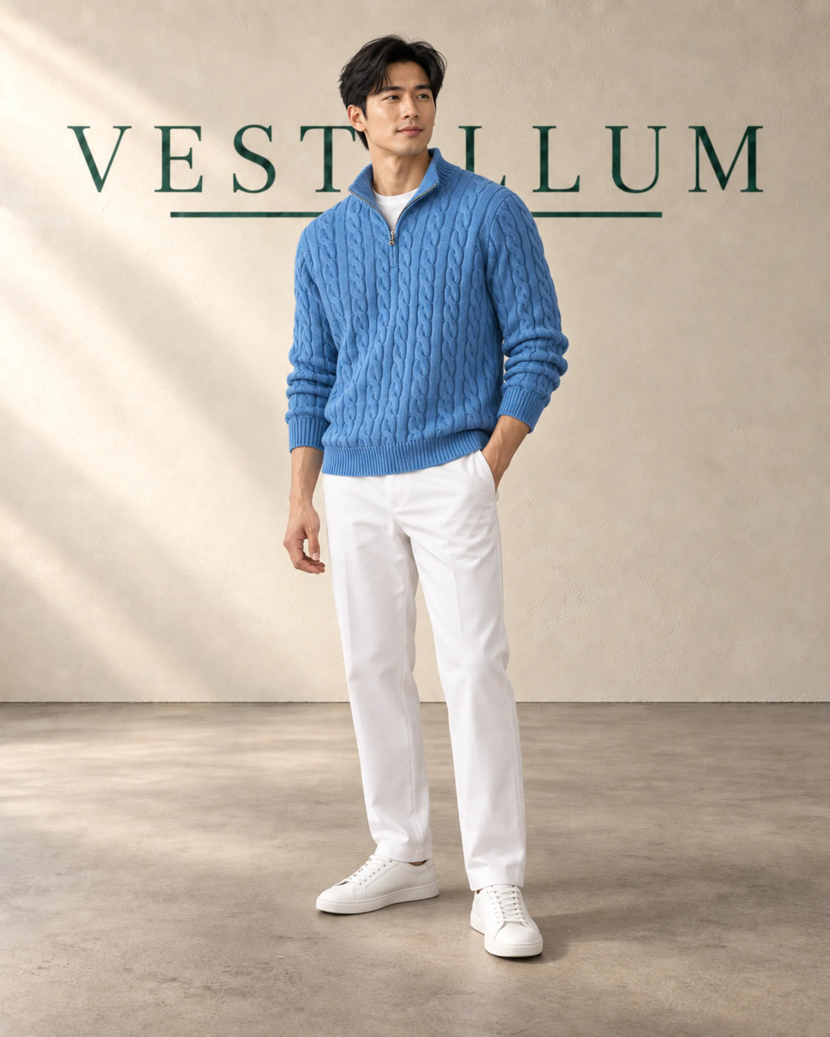 Men's Cable-Knit Half-Zip Jumper & Tailored Trouser Set in sky blue and white, view 2