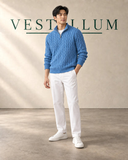 Men's Cable-Knit Half-Zip Jumper & Tailored Trouser Set in sky blue and white, view 2