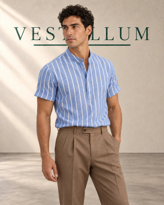 Men's Striped Grandad Collar Polo Shirt, product photo 1