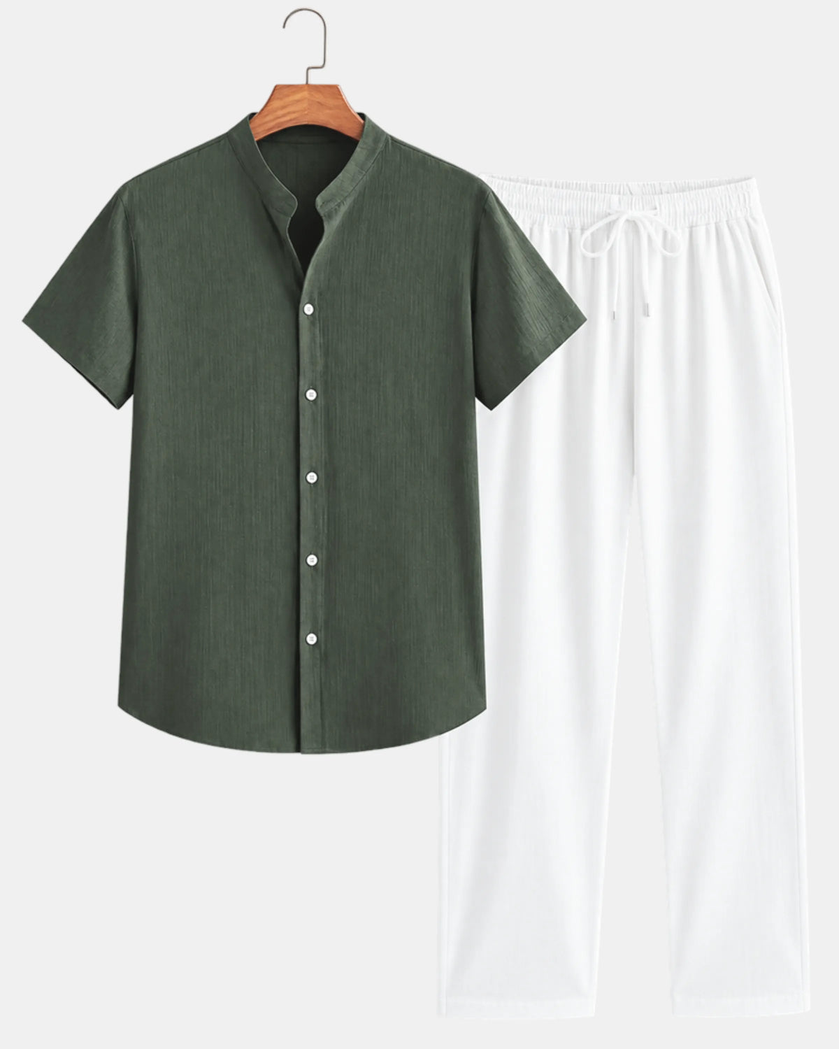 Men's Band Collar Short-Sleeve Shirt & Drawstring Trouser Set in sage & white