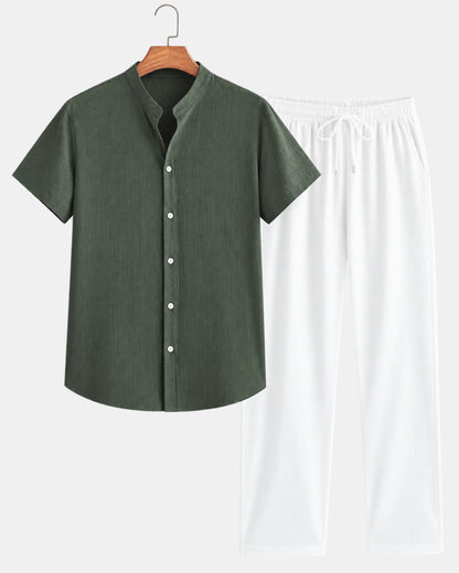Men's Band Collar Short-Sleeve Shirt & Drawstring Trouser Set in sage & white
