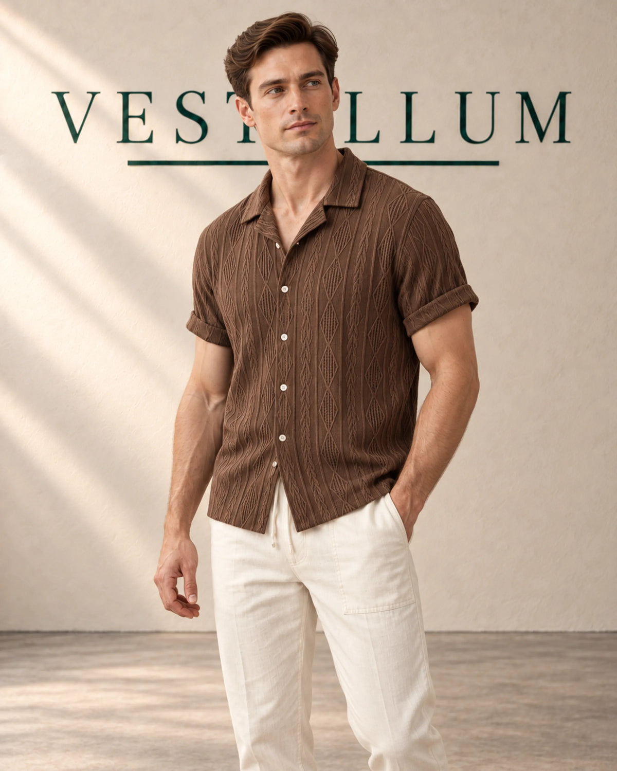Men's Textured Cuban Collar Shirt & Drawstring Trouser Set, product photo 1
