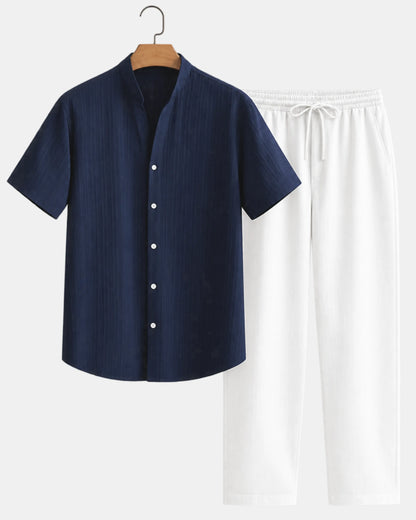 Men's Band Collar Short-Sleeve Shirt & Drawstring Trouser Set in navy & white