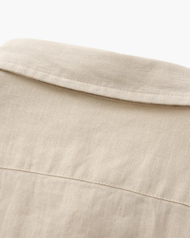 Men's Relaxed Long-Sleeve Linen Shirt with Chest Pocket in beige, close-up of the linen weave
