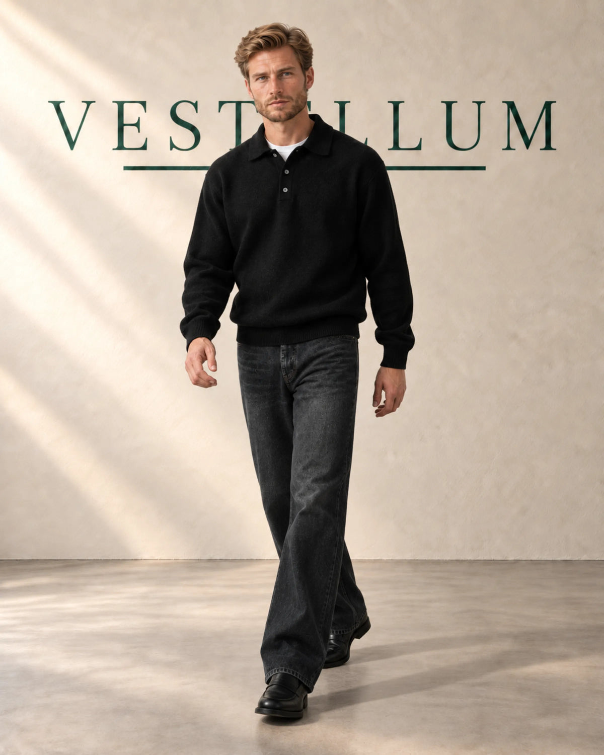 Men's Drop-Shoulder Knitted Polo Jumper, product photo 3
