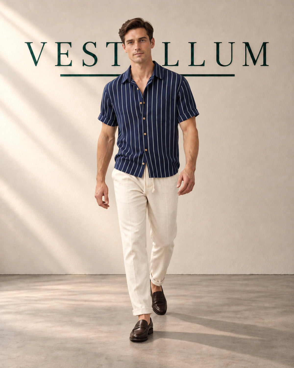 Men's Pinstripe Short-Sleeve Shirt & Drawstring Trouser Set, product photo 3