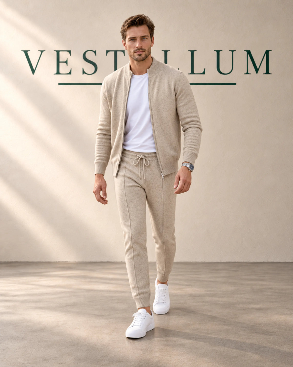 Men's Knitted Zip Cardigan & Jogger Lounge Set in sand, view 3