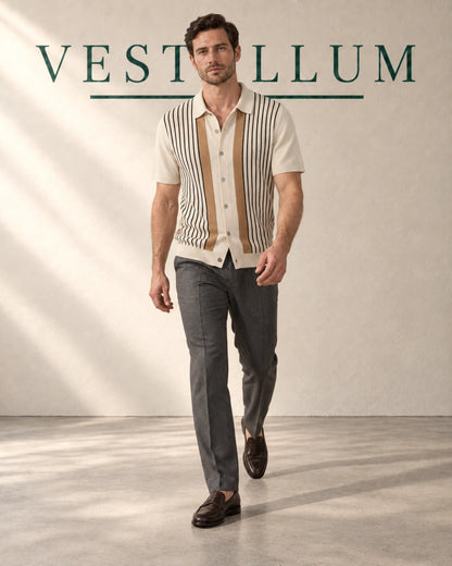 Men's Striped Knit Polo Shirt in warm neutral stripes, view 3