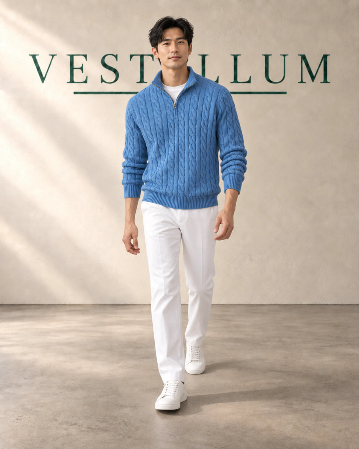 Men's Cable-Knit Half-Zip Jumper & Tailored Trouser Set in sky blue and white