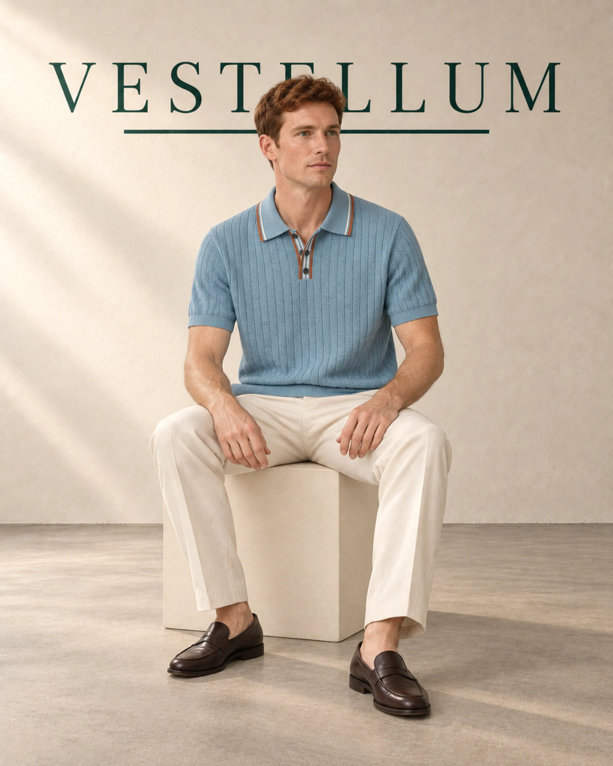 Men's Herringbone Knit Polo Shirt with Contrast Piping, product photo 1