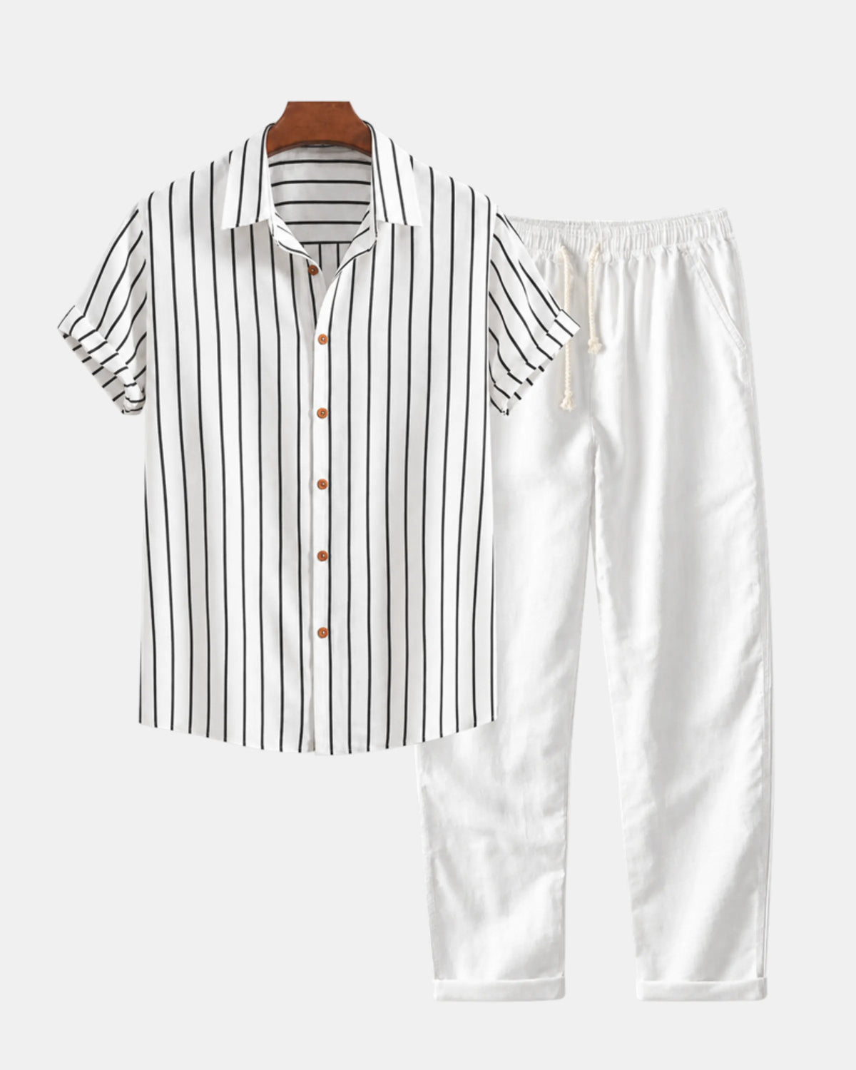 Men's Pinstripe Short-Sleeve Shirt & Drawstring Trouser Set in all white