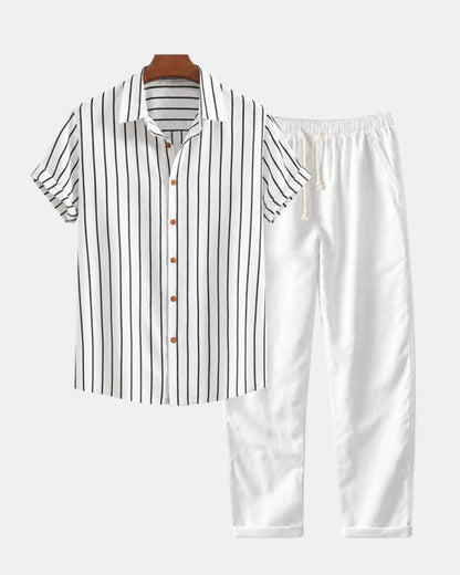Men's Pinstripe Short-Sleeve Shirt & Drawstring Trouser Set in all white