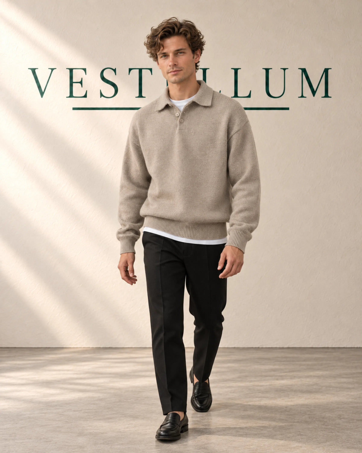 Men's Wool Polo-Collar Jumper with Button Placket, product photo 2