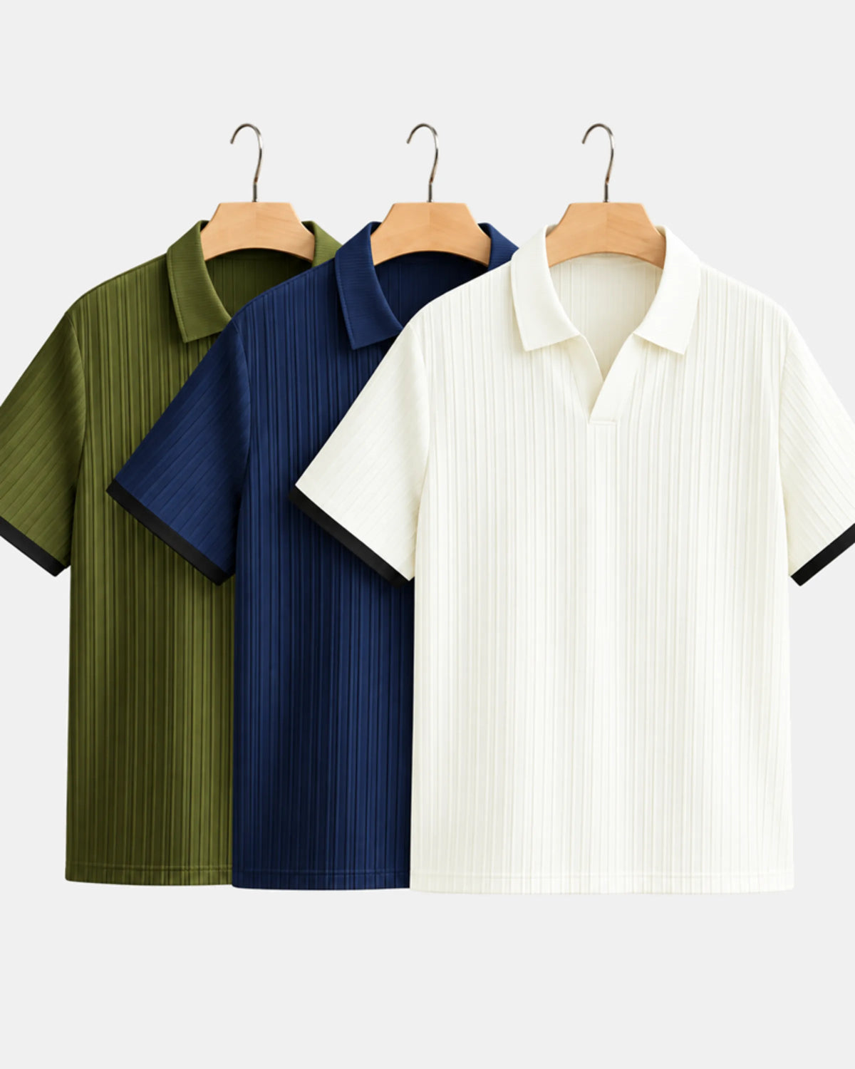 Men's Textured Short-Sleeve Polo Shirt 3-Pack in olive / navy / cream tipped