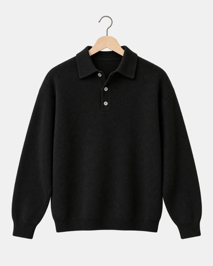 Men's Drop-Shoulder Knitted Polo Jumper in black