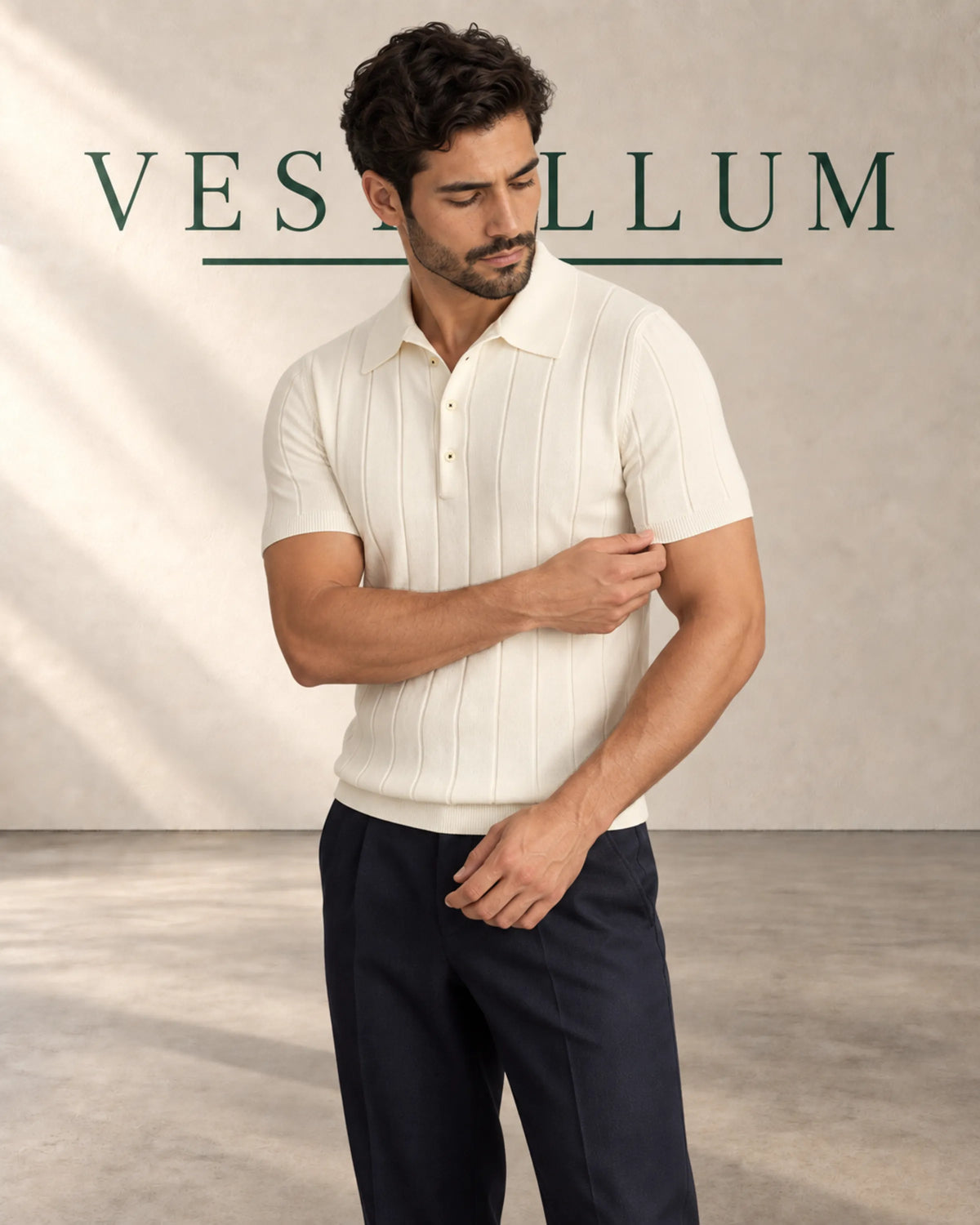 Men's Ribbed Cotton Polo Shirt with Spread Collar, product photo 1