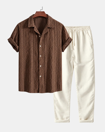 Men's Textured Cuban Collar Shirt & Drawstring Trouser Set, product photo 4