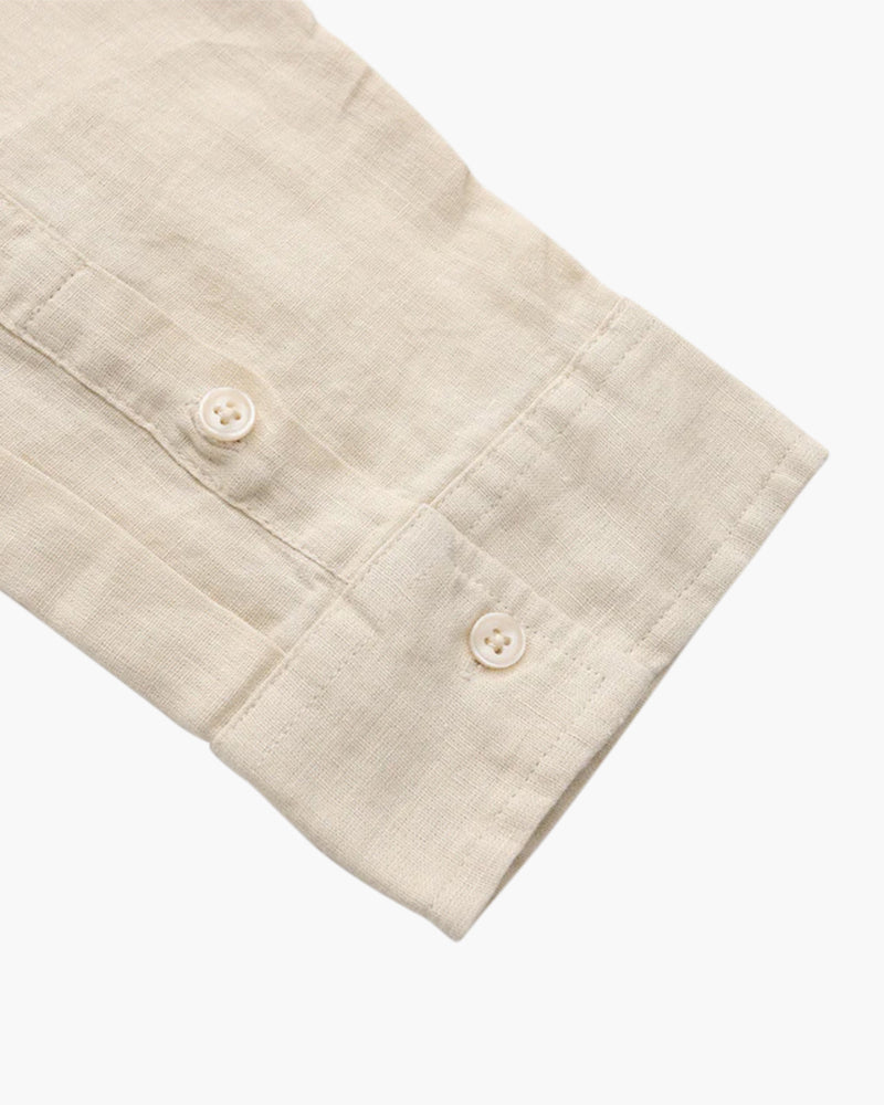Men's Relaxed Long-Sleeve Linen Shirt with Chest Pocket in beige, cuff detail