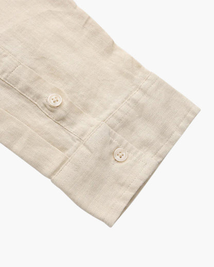 Men's Relaxed Long-Sleeve Linen Shirt with Chest Pocket in beige, cuff detail