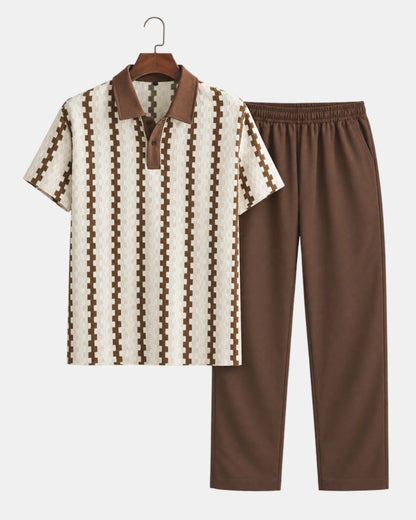 Men's Textured Knit Polo & Drawstring Trouser Set in cream pattern & brown